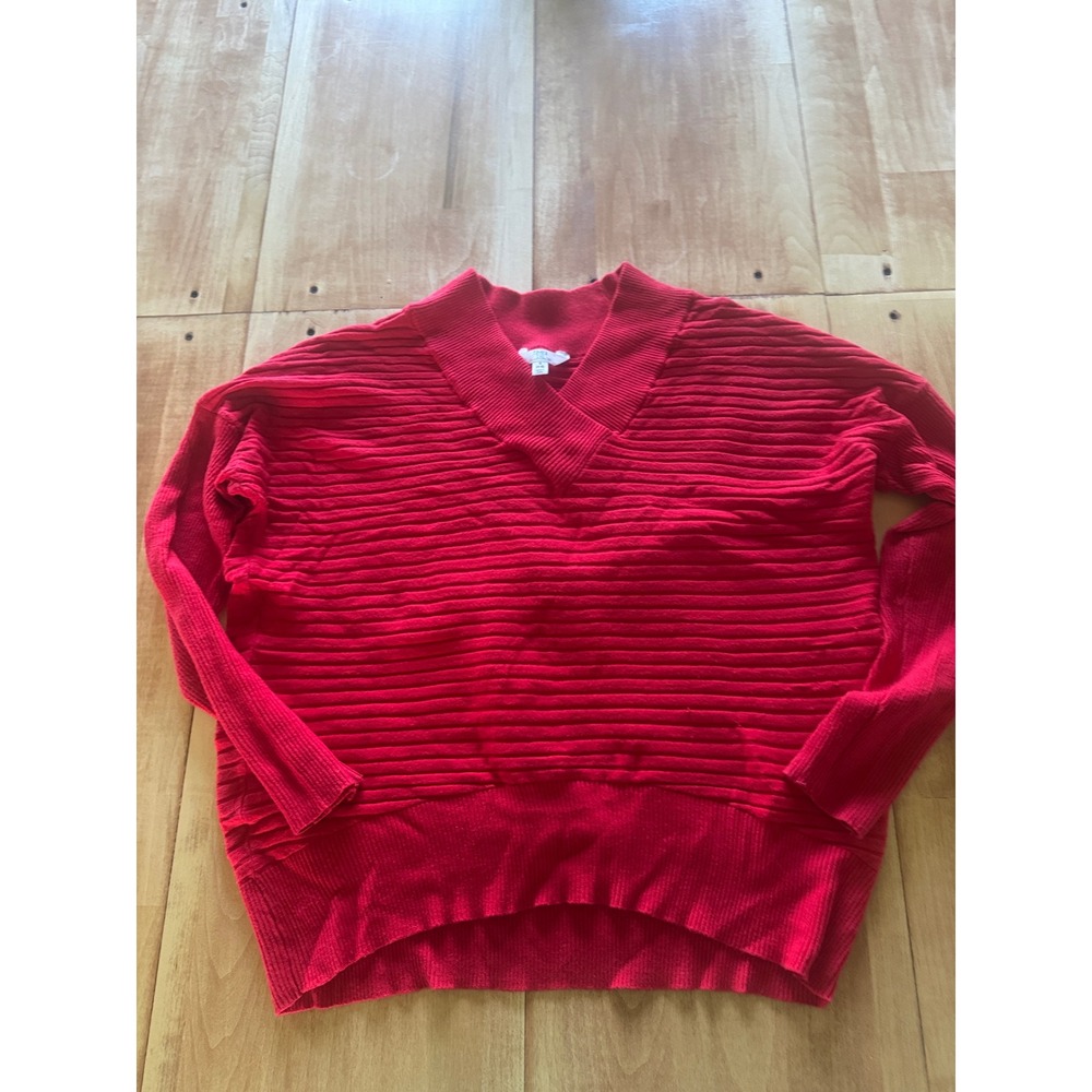 Time and Tru Womens Red V-Neck Ribbed Knit Pullover Sweater Size S 4-6